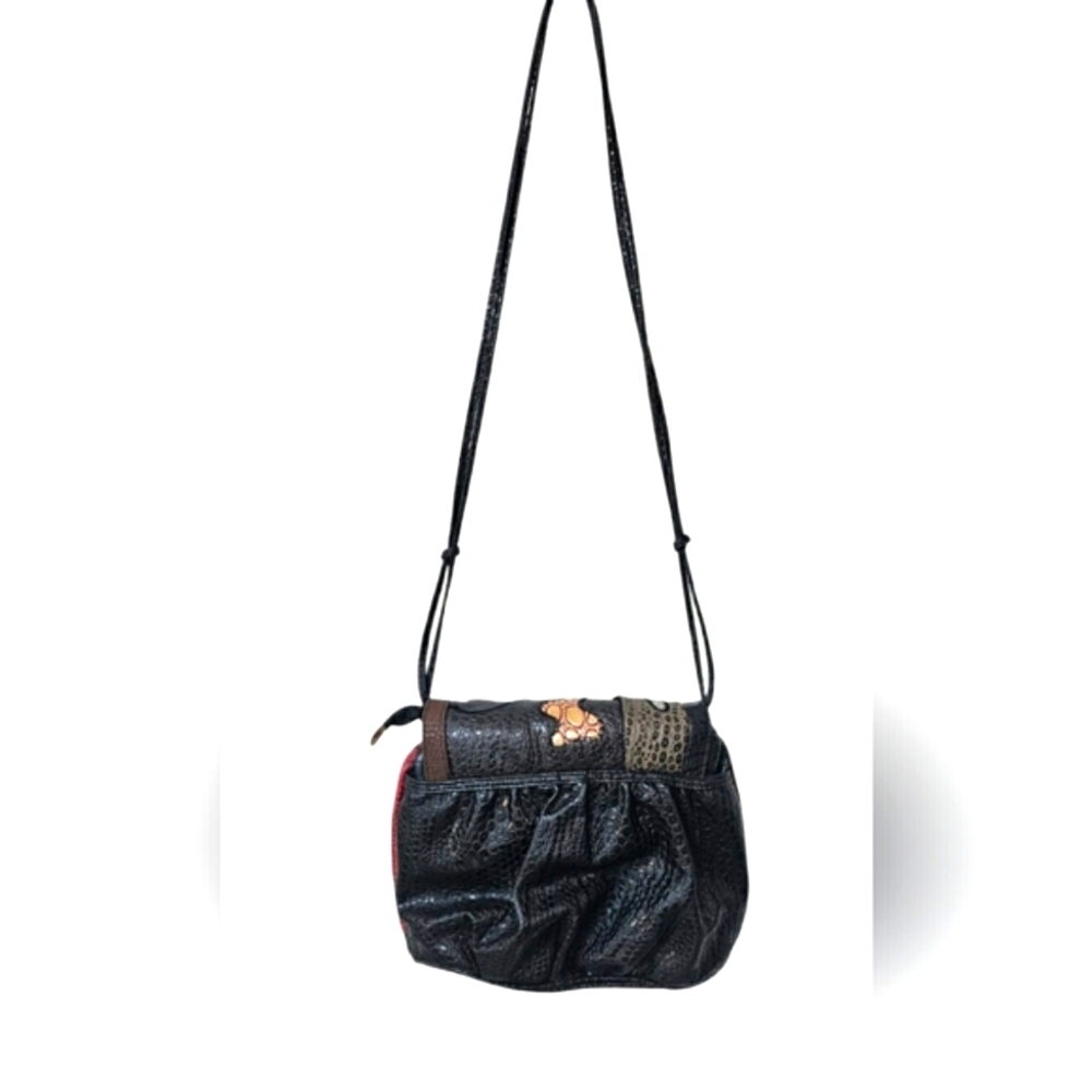 RARE Vintage NAS Alentino Black Leather Exotic Crossbody Purse Patchwork Gold - Picture 2 of 15